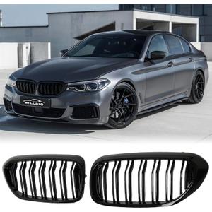 G30 Glossy Black Double Slats Kidney Grille - Compatible with 2017-2020 BMW 5 Series (530e, 530i, 540i, 550i) xDrive & Non-xDrive