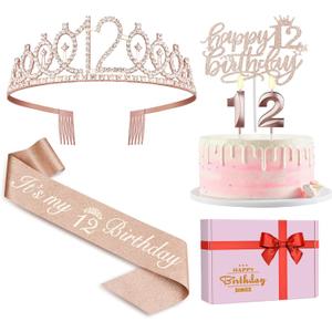 12th Birthday Decorations for Girls Including Sash, Crown/Tiara, Candles and Cake Topper, Rose Gold 12 Year Old Birthday Party Decorations for A Girl