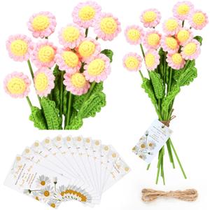 Tigeen 12 Sets Crochet Flower Bouquet Bulk Daisy Knitted Flower Bouquet Crochet Daisy and Awesome Cards Employee Appreciation Gifts for Teachers Staff Coworkers Nurse (Pink)