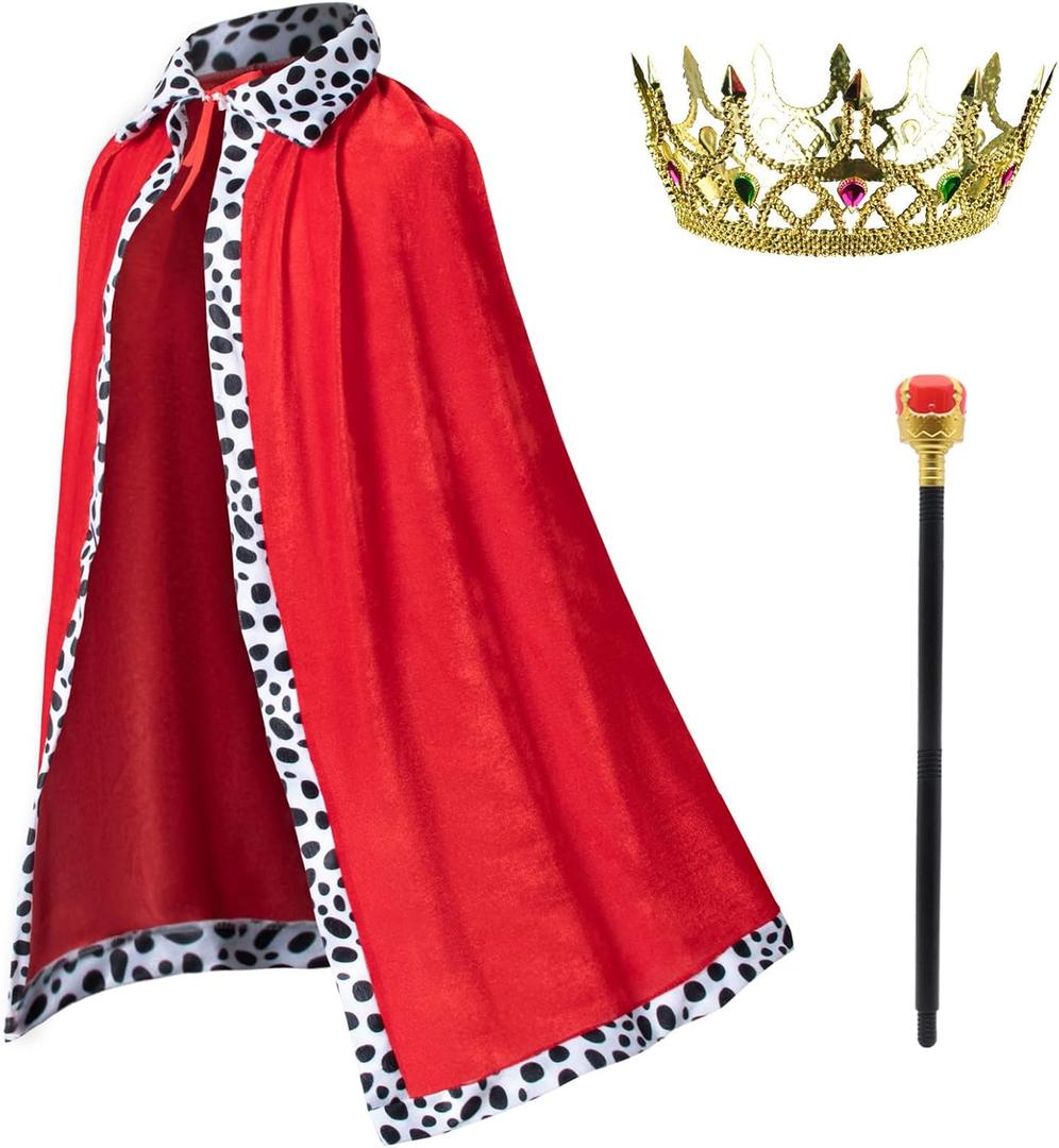 King Costume for Kids Robe Crown Scepter Set Boys Royal Prince Cape Dress Up Cosplay (One Size)
