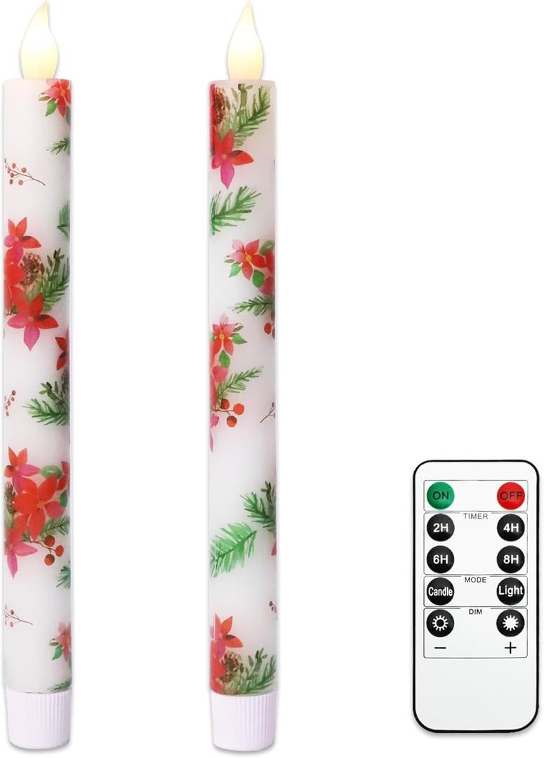Christmas Flameless Taper Candles 2 Pack Christmas Poinsettia Flowers Battery Operated Candle with Remote Real Wax Flickering LED Fake Candle Home Decor for Xmas New Year Wedding Party