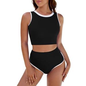 Pink Queen Women's High Waisted Bikini Sets Crew Neck Sporty 2 Piece Swimsuit Color Block High Cut Bathing Suit Black S