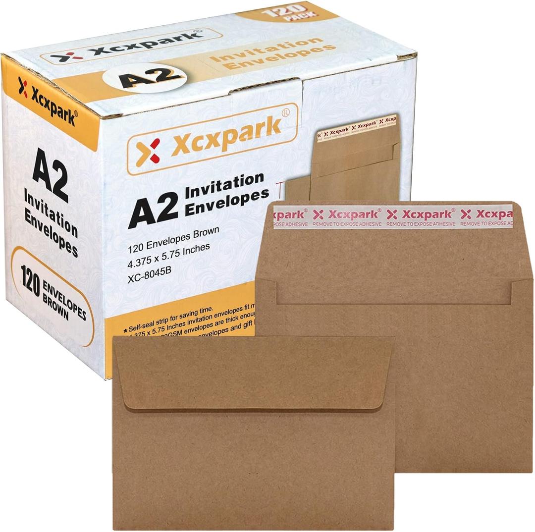 Xxcxpark 120 Qty Printable A2 Invitation Envelopes 4.375 x 5.75 Cards, Self Seal 120GSM Brown Paper Envelopes for Invitations, Papers, Photos, Documents, Wedding, Baby Shower, Easy to Seal and Peel