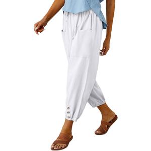 Cotton Casual Capri for Women Elastic High Waisted Loose Lantern Tapered Harem Pants with Pockets (White, M)