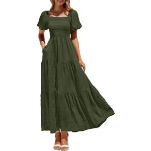 PRETTYGARDEN Womens Summer Puff Short Sleeve Maxi Dress Square Neck Smocked Tiered Ruffle A Line Long Flowy Beach Dresses (L)