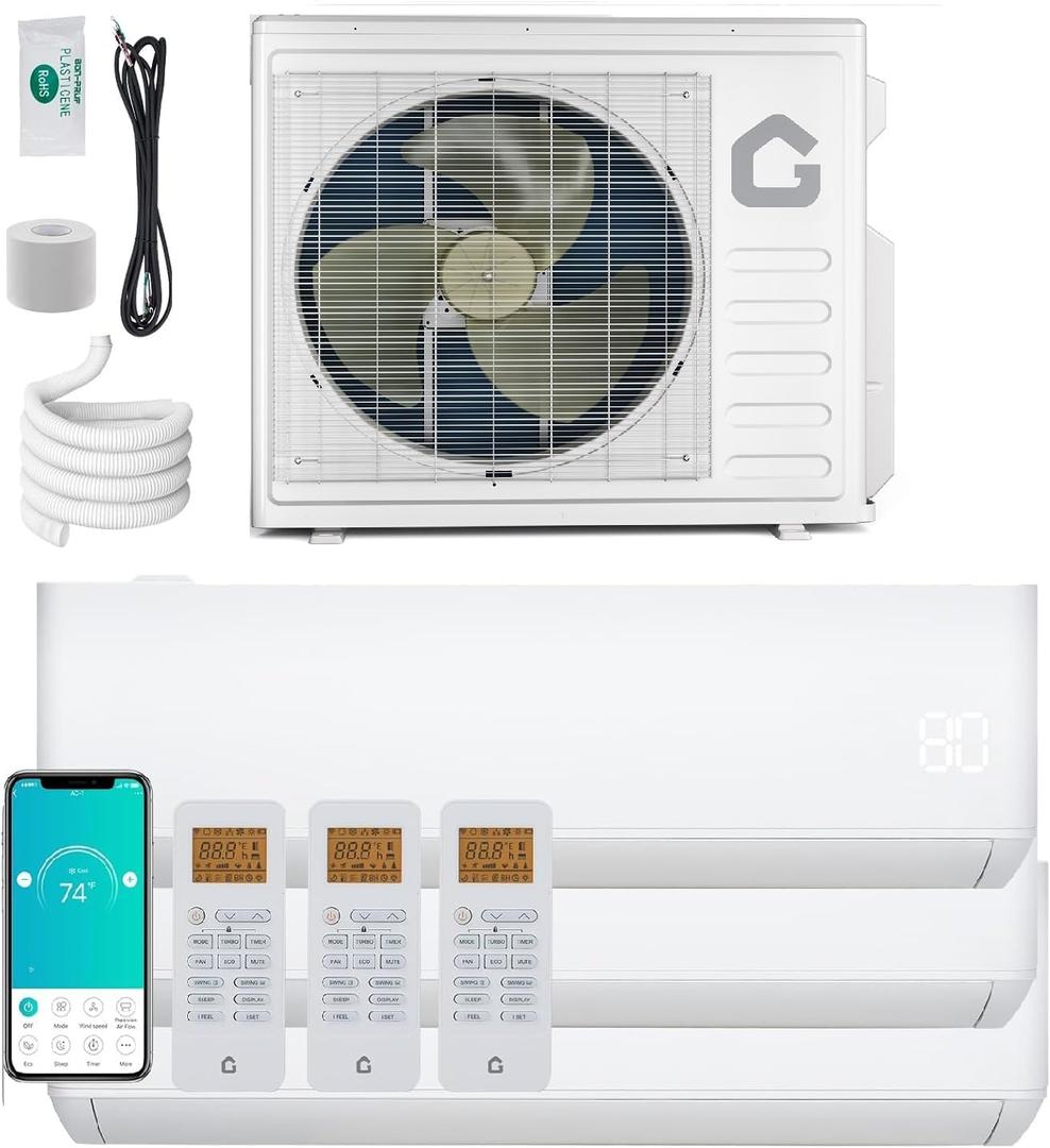 GarveeHome 28000 BTU 3 Zone Mini Split AC/Heating System,Wifi Enabled 20 SEER2 208-230V 3 Zone 9000 + 9000 + 18000 BTUDuctless Split Unit AC w/Pre-Charged Condenser,Heat Pump,Not Include Copper Tube