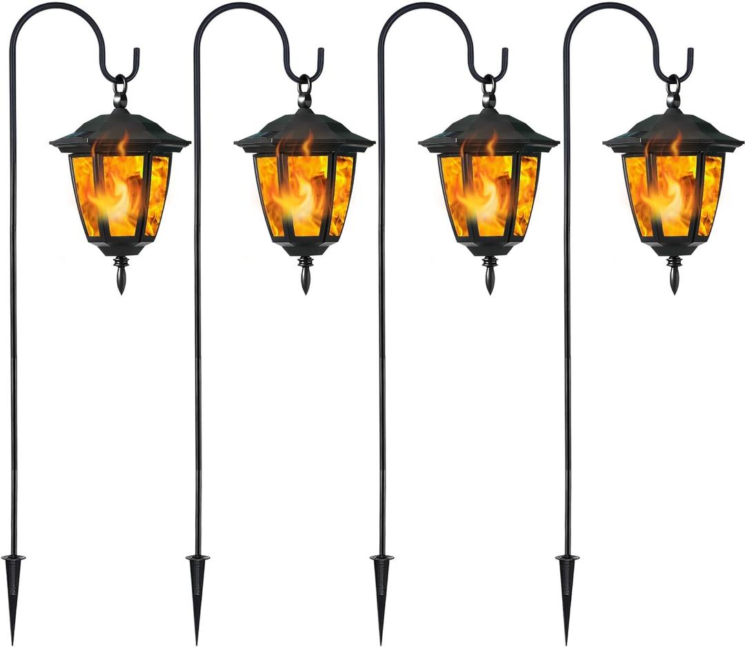 Dynaming 4 Pack Solar Flame Hanging Lights Outdoor, Halloween Solar Flickering Flame LED Garden Lanterns with 4 x 38 Inch Shepherd Hooks, Christmas Lighting for Lawn Patio Yard Pathway Driveway (Warm White)