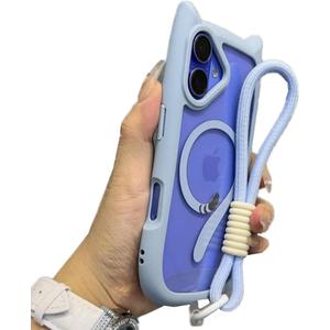 Compatible With iPhone 16 Case Cute Kawaii 3D Cat Ears Case for Girls Women Clear Soft Magnetic Transparent Shockproof Protective Phone Cover With Wrist Strap Chain (Blue, For Galaxy S25 Plus)