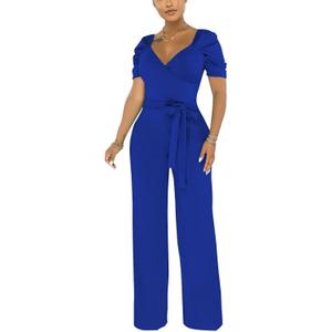 Dressy Jumpsuits for Women Elegant Sexy V-Neck Rompers Formal Evening Party Wide Leg Pant Suits (Large)