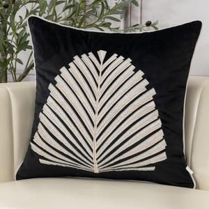 Aeckself Black White Leaves Velvet Throw Pillow Cover 20 x 20 Inch, Embroidery Square Cushion Case with Stitched Edge Luxury Modern Decorative Pillowcase for Couch Living Room Bedroom