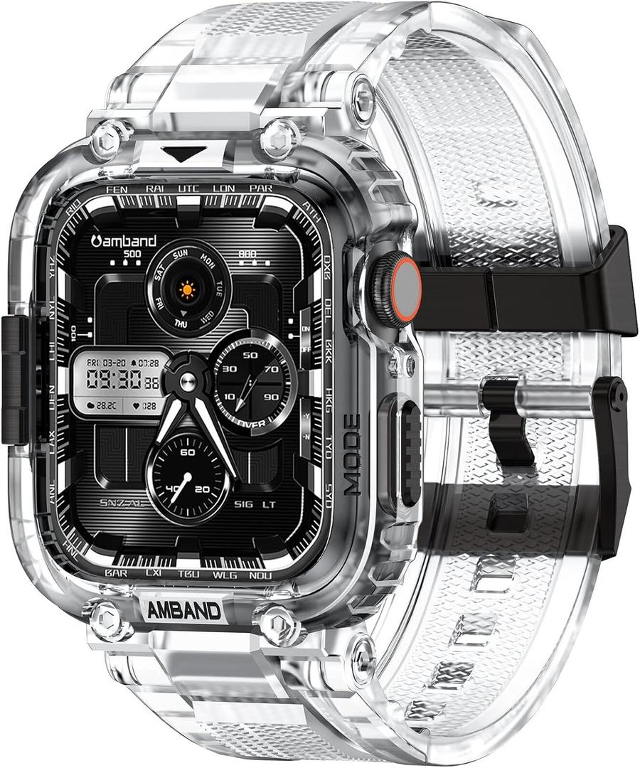 amBand Bands Compatible with Apple Watch 9/8/7 45mm, M1 Sport Series Rugged Case with TPU Strap Military Protective Tough Cover Bumper for iWatch SE2/SE/6/5/4/3 44mm 42mm Men Clear