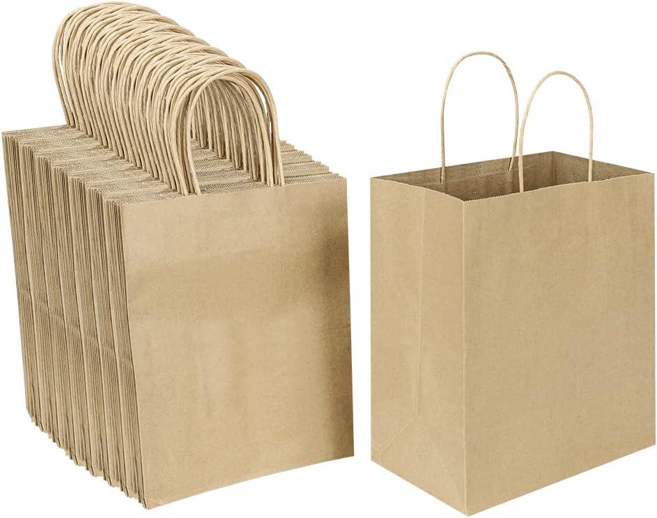 100 Pack 8x4.25x10.5 Inch Medium Brown Kraft Paper Bags with Handles Bulk for Wedding Birthday Party Favors Grocery Retail Shopping Business Goody Craft Gift Bags Sacks (Plain Natural 100 Count)
