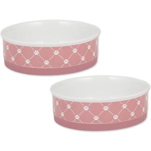 Bone Dry Trellis Paw Print Pet Bowl Set Microwave & Dishwasher Safe, Non-Slip Silicone Bottom for Less Mess, Large 7.5x2.4, Rose, 2 Count