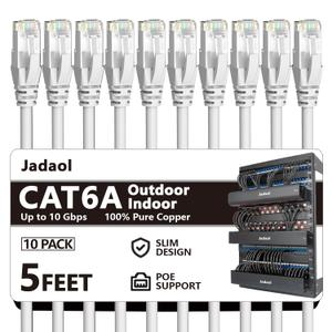 Jadaol Cat6a Ethernet Cable 5 ft 10 Pack, Slim 10G 550MHz 28AWG Patch Cable, Snagless Pure Copper Network Cable, Flexible LAN Cable for Router, Modem, Switch, Patch Panel, Data Center, Gaming, White