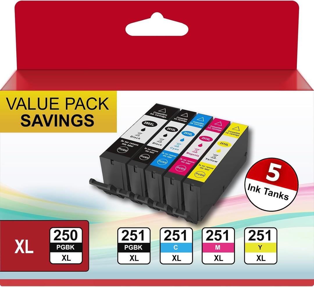 PGI-250XL CLI-251XL Compatible for Canon 250 and 251 Ink Cartridges Work with Canon PIXMA MX922 MX920 IX6820 MG5520 MG7520 IP8720 MG6620 (PGBK Black Cyan Magenta Yellow, 5XL Pack)