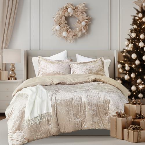 Comfort Spaces Luxe Queen Comforter Set Velvet Comforters for Queen Size Bed, Microfiber Reverse, Juliette, All Season Velvet Bedding Queen Size, Fluffy Bed Set, Sham, Full/Queen, Champagne 1 Piece