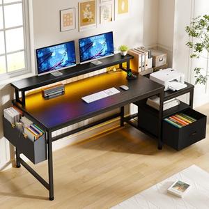 EnHomee 57" Computer Desk with Drawers and Printer Space,Office Desk with Power Outlets,Home Office Desks with File Drawers Cabinet,Study Writing and Gaming Desk with Shelves Monitor Stand,Black