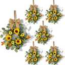 6 Pcs Summer Sunflower Mini Hanging Wreaths for Cabinets Artificial Small Candle Ring Wreaths with Daisy Flower and Eucalyptus Leaves for Home Kitchen Front Door Window Farmhouse Porch Wall Decor
