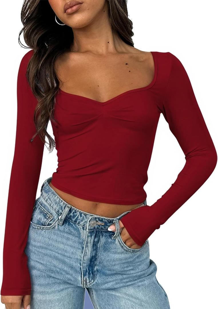 ForeFair Women's Sexy Long Sleeve Going Out Tops Pleated Bustier Shirt Cute Sweetheart Neck Y2K Cropped Top (Burgundy)