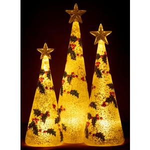 Red Co. Glass Christmas Tree Figurine Ornaments with LED Lights, Light-Up Holiday Season Dcor  Holly Berry in Silver  Set of 3 Sizes, 11 Inch, 9.5 Inch and 8 Inch