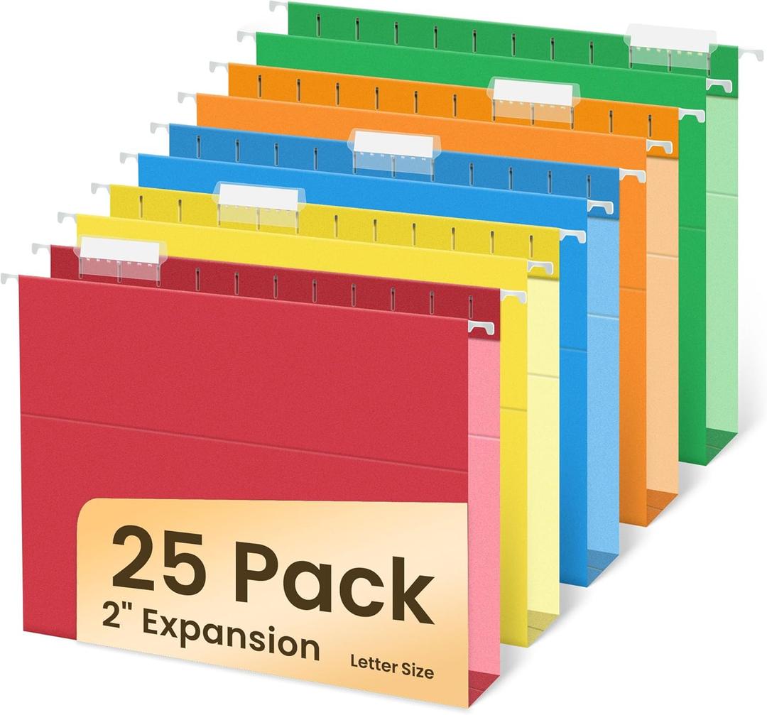 SUNEE Hanging File Folders Extra Capacity Assorted Colors, 25 Pack Letter Size File Folders with 1/5-cut Tabs, Heavy Duty 2 Inch Expansion, Stay Organized for Your Home and Office Bulk File