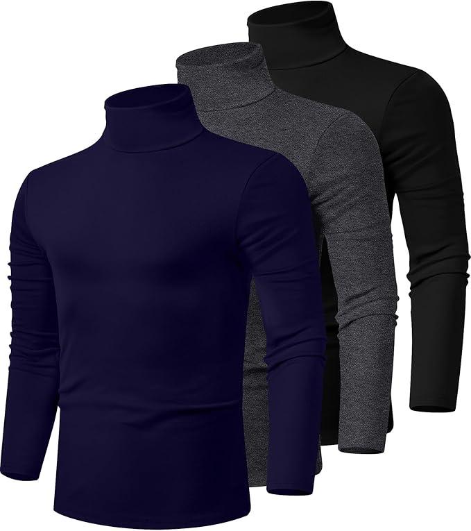 Ficerd 3 Pack Men's Turtleneck Shirts, Long Sleeve Cotton Pullover Sweaters Mock Neck Knitted T Shirt Basic Slim Fit Tee Tops XL