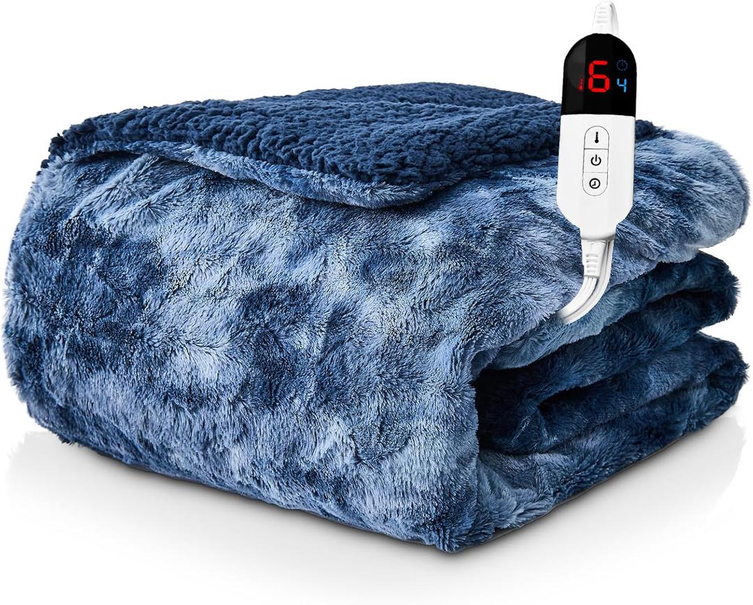 Electric Heated Throw Blanket - Faux Fur Sherpa 50"x60" Fast Heating Bed Blankets Throw with 6 Heating Levels & 4 Hours Auto Off, Over-Heat Protection ETL, Navy Blue