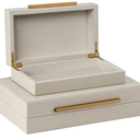 Set of 2 Shagreen Decorative Box, Modern Faux Leather Beige Decorative Storage Boxes with Lids and Metal Handles, Jewelry & Memory Box for Home, Office Decor (Beige+Gold Handles)