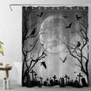 Halloween Shower Curtain Black Crow Bat and Dead Tree in Spooky Misty Forest Shower Curtain with Hooks, Scary Grey Full Moon Night Bathroom Curtains Shower Set Halloween Decor, 60X72Inches