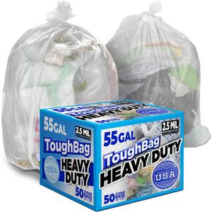 ToughBag 55-60 Gallon Clear Trash Bags, 50 Count, 2.5 Mil
