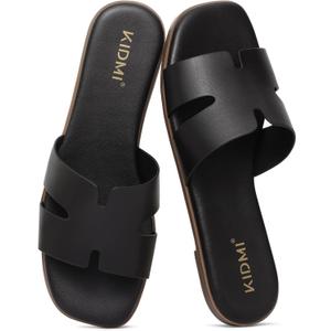 KIDMI Women's Dressy Flat Sandals, Comfortable Slip On Summer Slides, Fashion Open Toe Casual Sandals, Black, Size 6