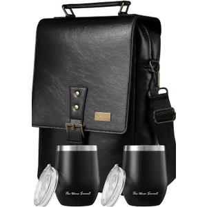 2 Bottle Insulated Wine Tote Bag with Tumblers, Leather Carrier Purse with Dividers, Leakproof Cooler, Adjustable Shoulder Strap & Pockets, Travel, Picnic, Beach, Hiking, Gift for Men & Women