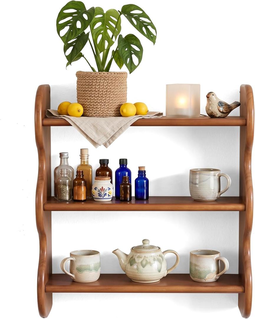 3-Tier Wood Floating Wall Shelf, Wall Mounted Shelves Bedroom & Living Room, 17.3 x 4.7x 12.2 inches