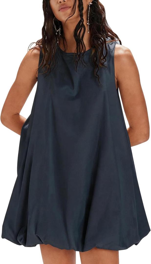 Majdan Womens Bubble Mini Dress Summer Sleeveless Short Dresses Lantern Tank Dresses Beach Sundress with Pockets (Purple, XS)
