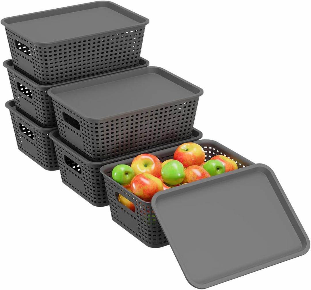 Resze 6-Pack Plastic Storage Bins with Lids, Stackable Organizer Baskets & Containers for Pantry, Kitchen, Cabinet, Closet, Bathroom Organization Toys, Space Saving, Easy-Carry Handles,Gray