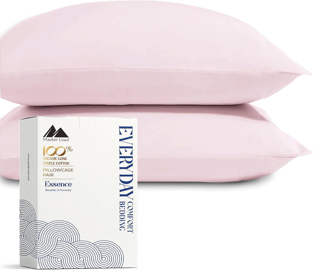 Mayfair Linen 100% Organic Cotton Percale Pillow Cases Standard/Queen Size Set of 2 - Percale Pillowcases Standard/Queen, Soft Cooling Pillow Cases for Sleeping, Cotton Pillowcovers - Blush