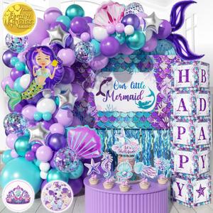 248 Pieces Little Mermaid Birthday Decorations Kit, All-in-1 Girl's Party Decor Package With Mermaid Tail Balloon Garland, Foil Curtains, Fabric Backdrop, Princess Crown - Purple, Teal