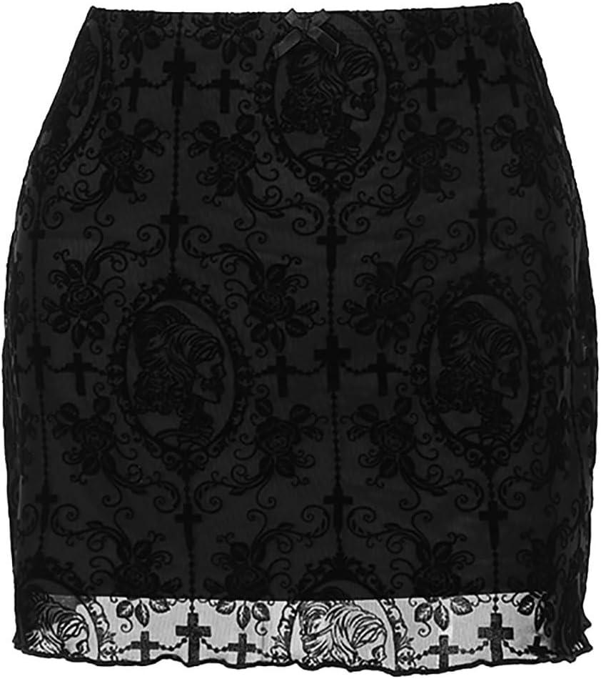 Womens Mesh Bodycon Mini Skirt High Waist Velvet Lace Jacquard Double Layered Y2K Gothic Short Skirt (Medium, A1-black)