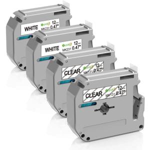 Compatible Label Tape Replacement for Brother P Touch M-Tape M-K131 MK131 M-K231 Work with Brother Ptouch PT-90 PT-M95 PT-45 PT-65, 0.47 Inch(12mm) 26.2 Feet(8m), Black on White/Clear, 4-Pack