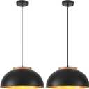 Large Pendant Lights, 16" Black Pendant Light for Kitchen Island, Farmhouse Pendant Light Fixtures for Dining Room, Living Room, Bedroom, Bar, Vintage Pendant Lamp with Wooden Holder, 2 Pack
