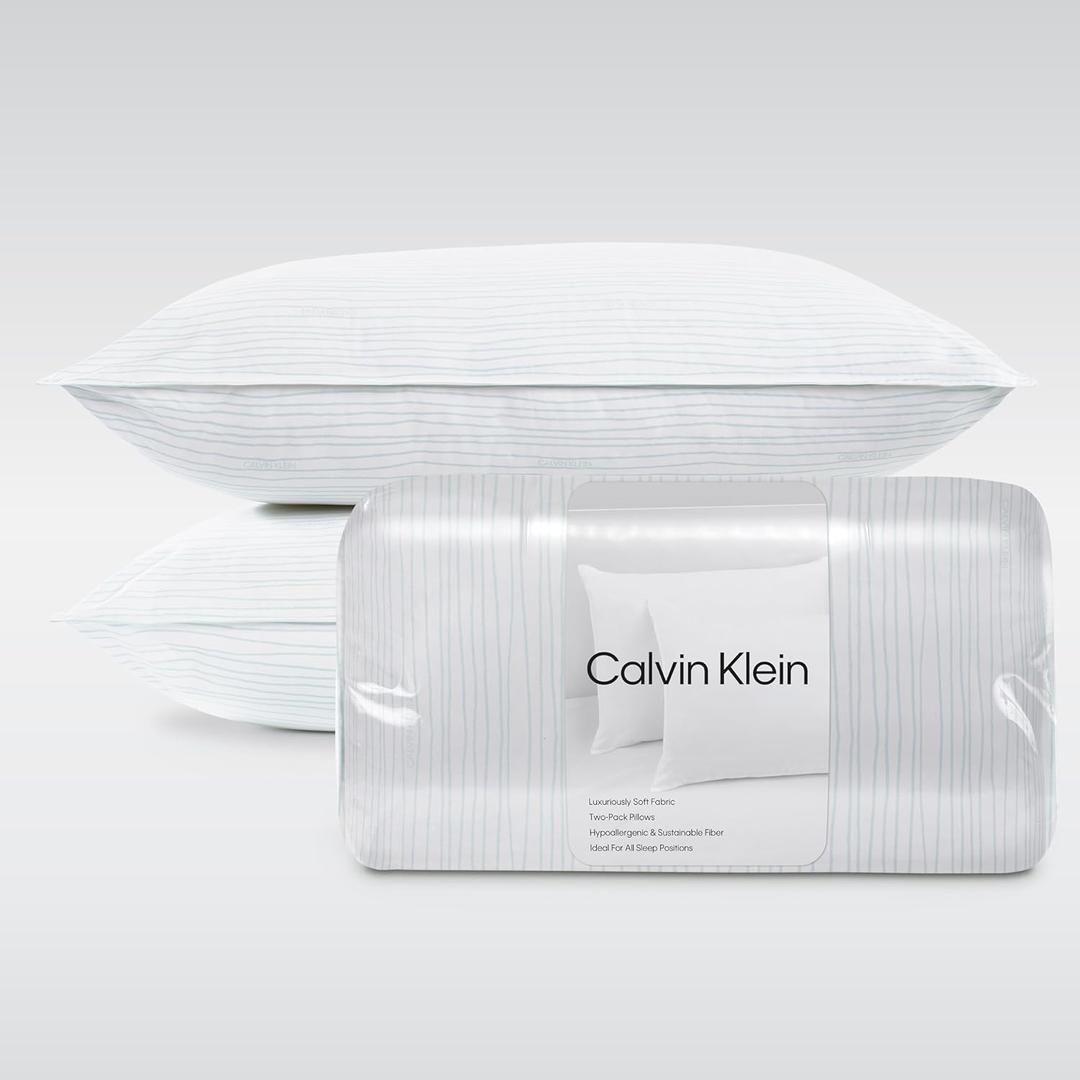 Calvin Klein Wave Print 20" x 28" Standard/Queen Size Set of 2 Bed Pillows for Sleeping, White