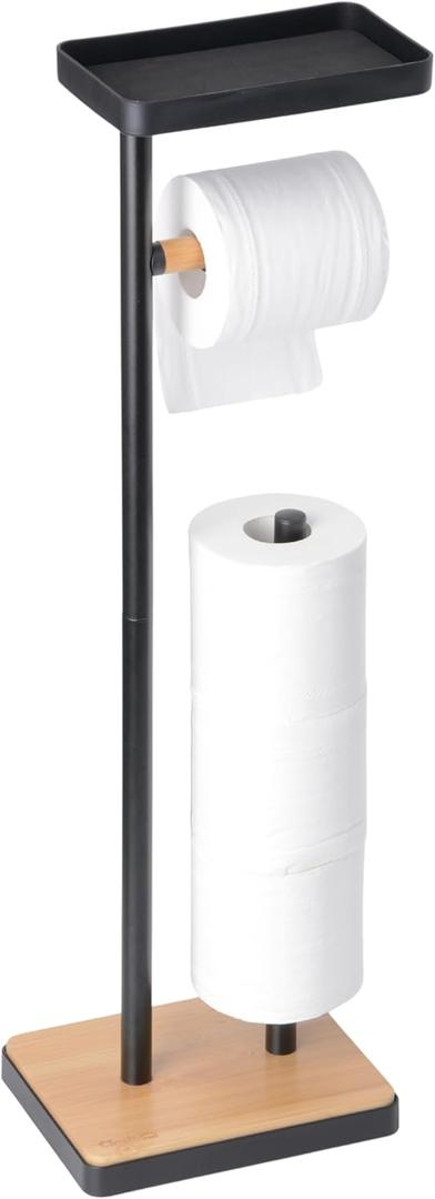 Toilet Paper Holder Stand, Free Standing Toilet Paper Holder with Storage and Top Shelf, Black Toilet Paper Stand Weighted Base with Bamboo Design for Bathroom