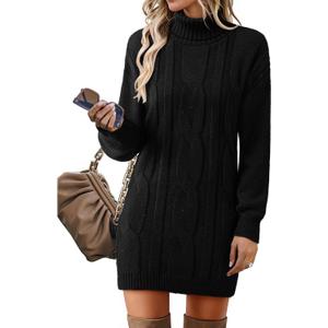 Womens Long Sleeve Turtleneck Sweater Dresses Ribbed Knit Stretchy Midi Casual Dress (Medium, Black)