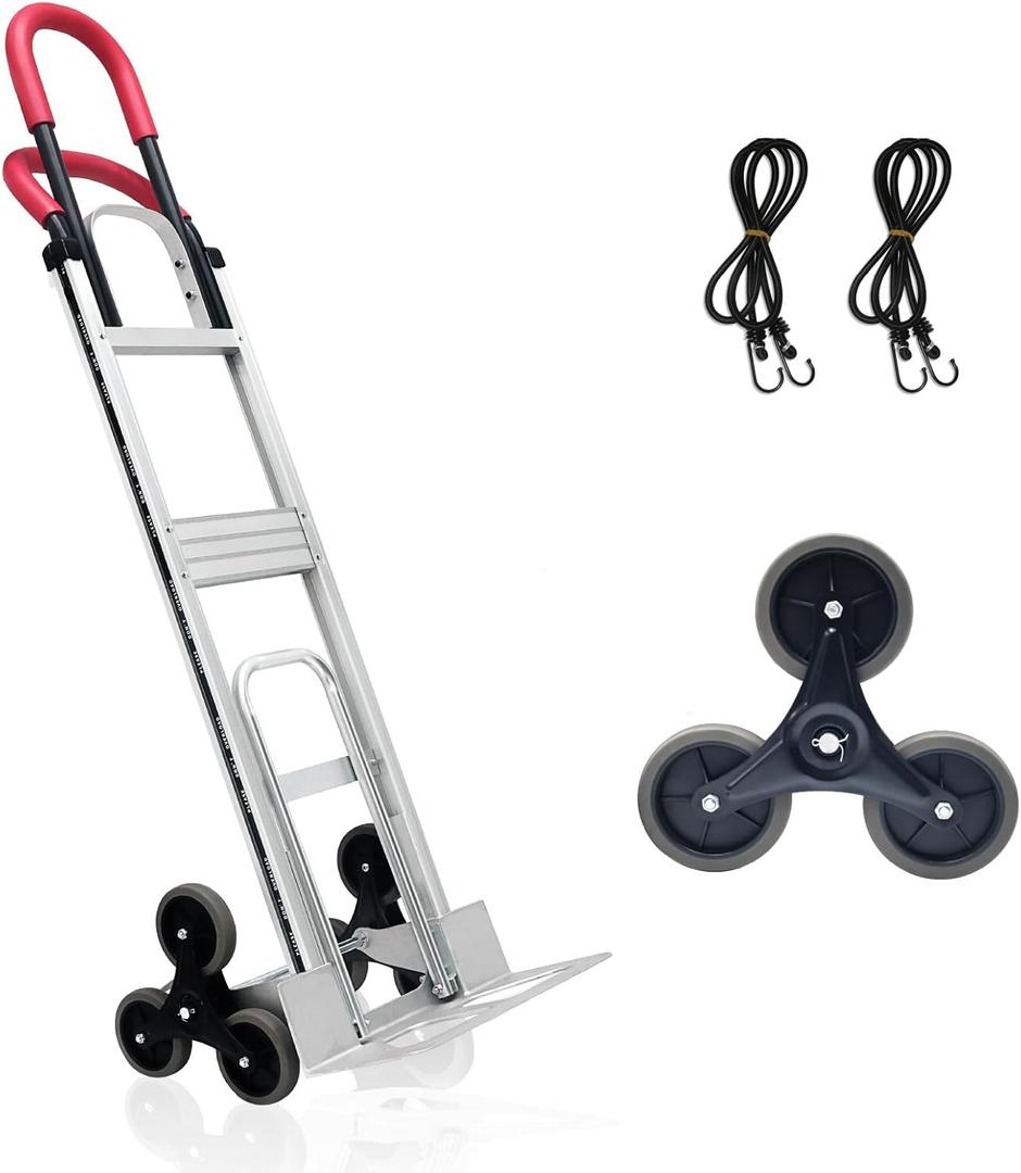 Aluminum Stair Climbing Cart, 600 lbs Capacity Stair Climber Hand Truck Dolly, 2 in 1 Heavy-Duty Trolley Cart with Dual Handles, 6 Wheels & 2 Elastic Ropes for Home Shopping Moving Warehouse