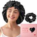 LitBear 100% Mulberry Silk Bonnet for Sleeping Women, 6A 22 Momme, Large Double-Layer Silk Hair Wrap with Tie Band, Non-Slip Turban, Includes Silk Scrunchie Black
