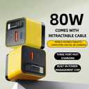 3 in 1 GaN Charger,80w Fast Charger Adapter with Type-C Cable & 2 USB Ports,Multi-Functional Retractable All in one Charger for Phone,Tablets,laptops (Yellow)