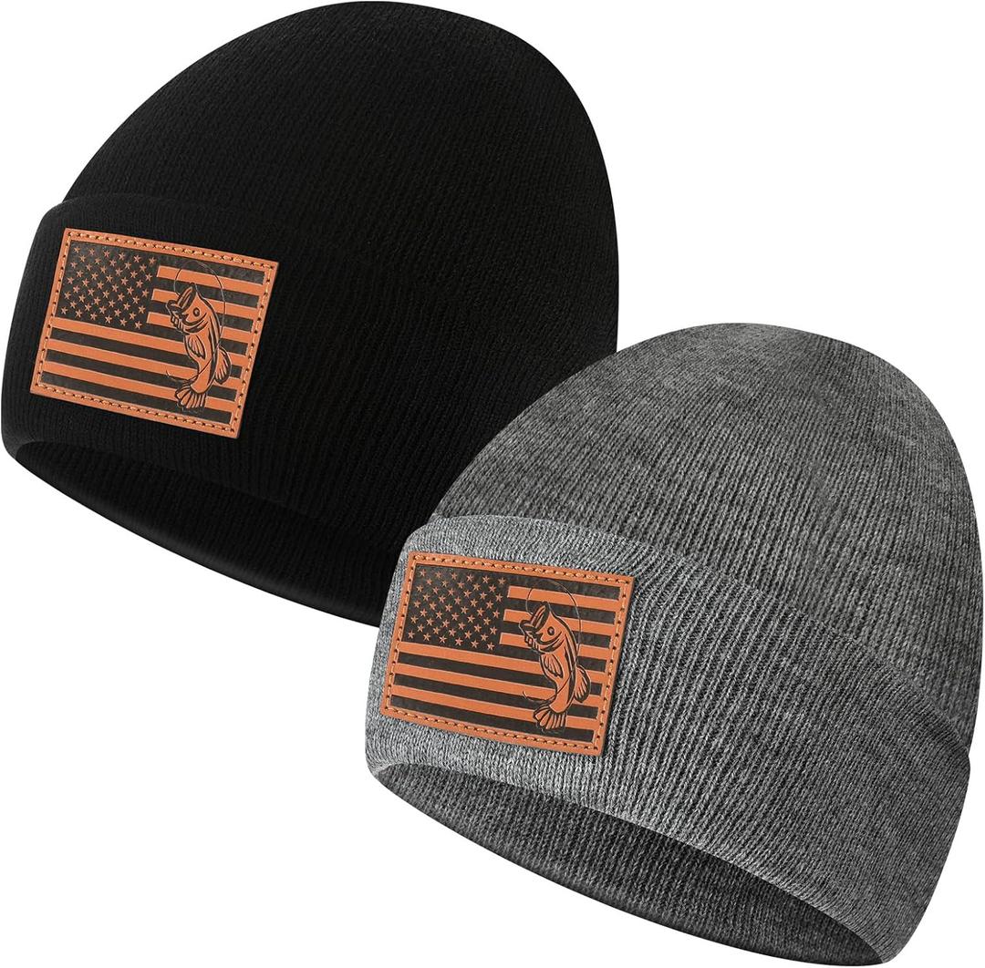 Chicingyou 2 Pcs Fishing Beanie for Men American Flag Hunting Cuffed Skull Cap Gifts for Dad Husband Grandpa, One Size