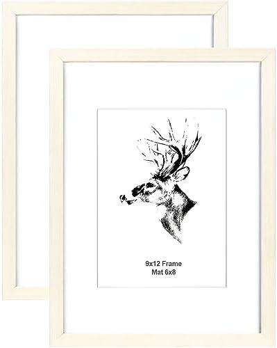 Yaetm 9x12 White Picture Frame with Mat for 6x8 Set of 2, Solid Wood Photo Frame 9x12 with Tempered Glass for Horizontal and Vertical Wall Mounting (2 pack, White)