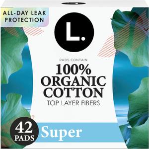 L. Ultra Thin Pads for Women, Organic Cotton Top Layer, Super Absorbency, Menstrual Pads with Wings, Made Without Synthetic Pesticides and Fragrances, 42 Count