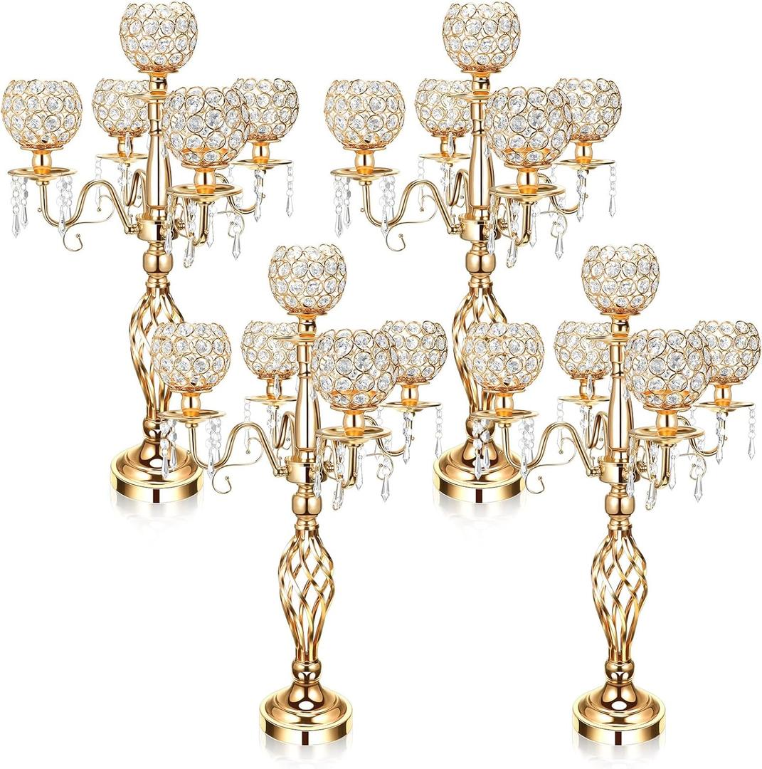 Nitial 4 Pcs 5 Arm Crystal Candelabra Centerpieces for Tables 27 Inch Tall Crystal Candle Holders Bowl Candelabra Table Centerpieces Decor for Wedding Christmas Dinner Party Events (Gold)